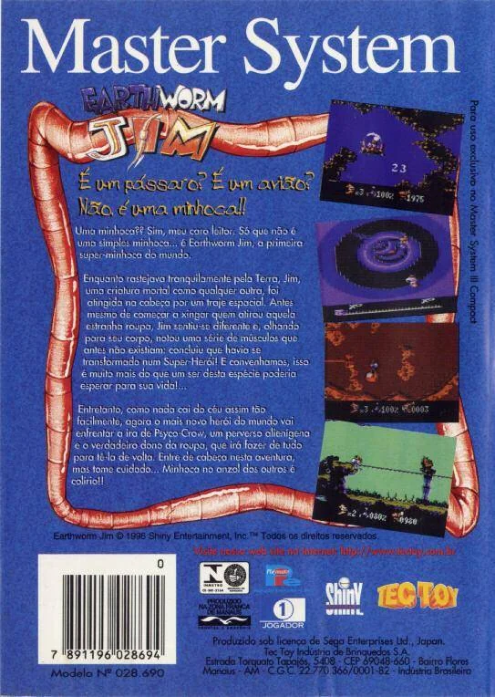 Contraportada brasilera d’Earthworm Jim per a Sega Master System, amb text portuguès, captures i codi de barres.