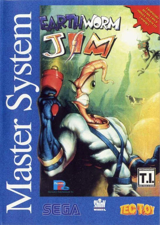 Portada frontal brasilera d’Earthworm Jim per a Sega Master System, amb Jim sostenint el revòlver de plasma.
