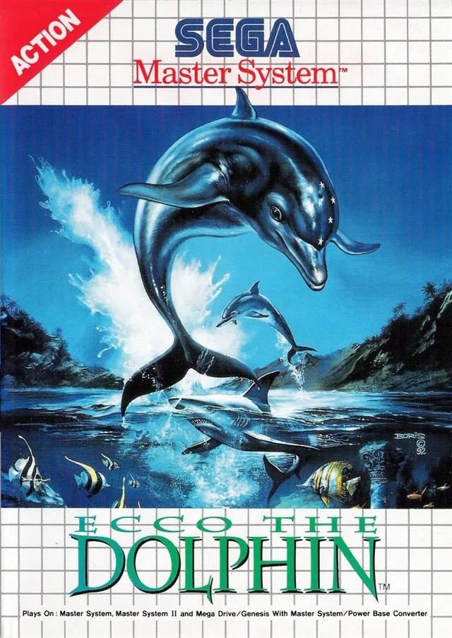 Caràtula frontal europea d’Ecco the Dolphin per a Sega Master System, amb Ecco saltant sobre el mar.