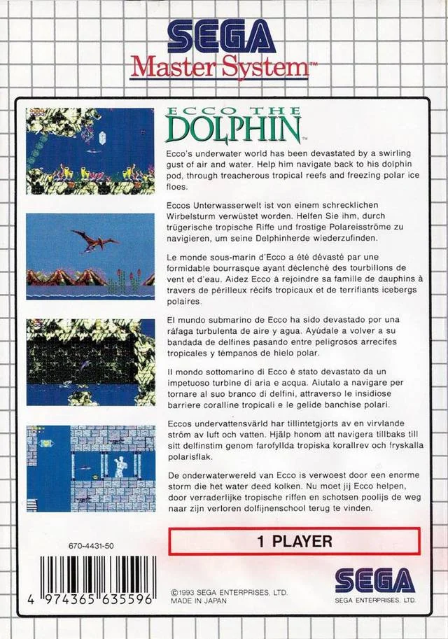 Contracoberta europea d’Ecco the Dolphin per a Sega Master System, amb textos multilingües i quatre captures.
