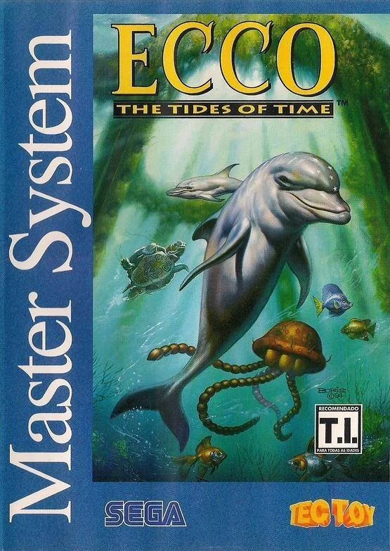 Portada brasilera d’Ecco: The Tides of Time per a Sega Master System, amb Ecco entre fauna marina.