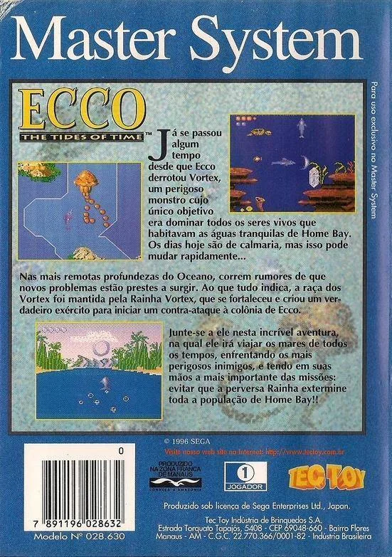 Contraportada brasilera d’Ecco: The Tides of Time amb text portuguès i tres captures del joc.