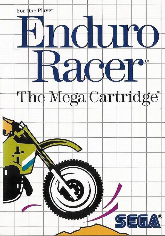 Portada europea d’Enduro Racer amb una moto verda sobre la quadrícula blanca de Sega.