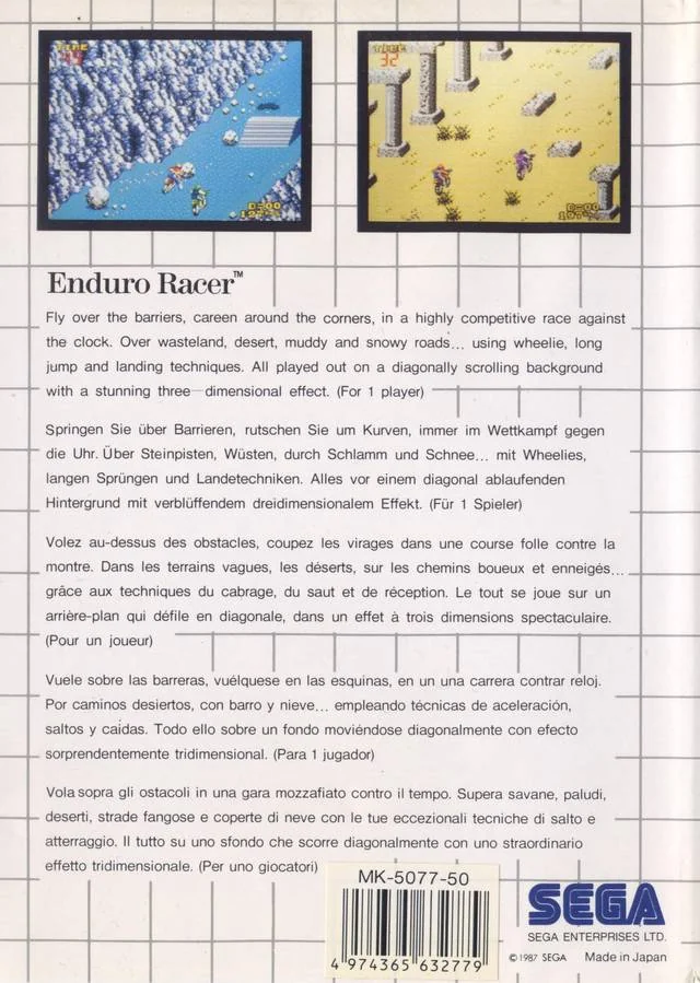 Contraportada europea d’Enduro Racer amb dues captures i textos en cinc idiomes.