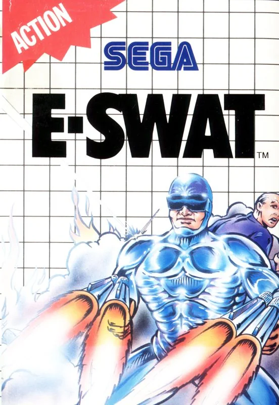 Portada europea d’E-SWAT per a Master System, amb un agent cuirassat disparant.