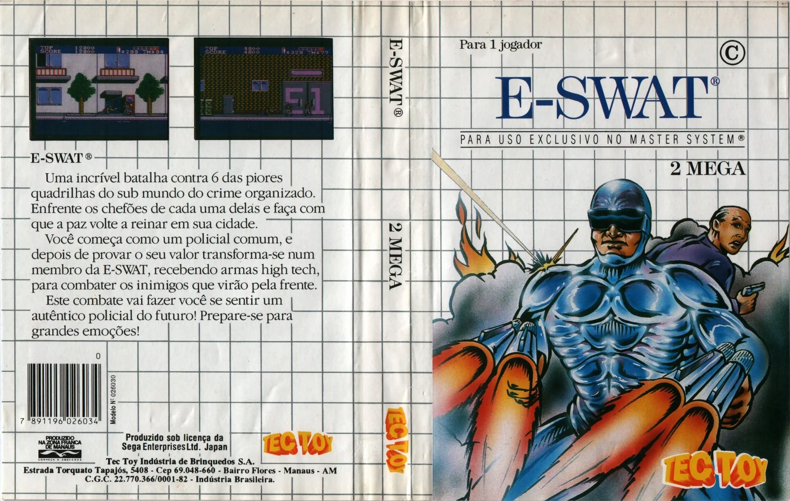 Capsa brasilera d’E-SWAT editada per Tec Toy, amb text en portuguès i captures a la contraportada.