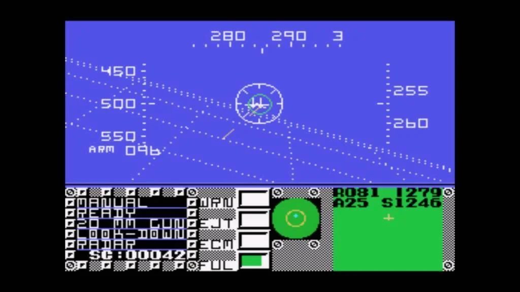 Objectiu centrat al visor de F-16 Fighting Falcon, amb radar i indicadors de cabina visibles.