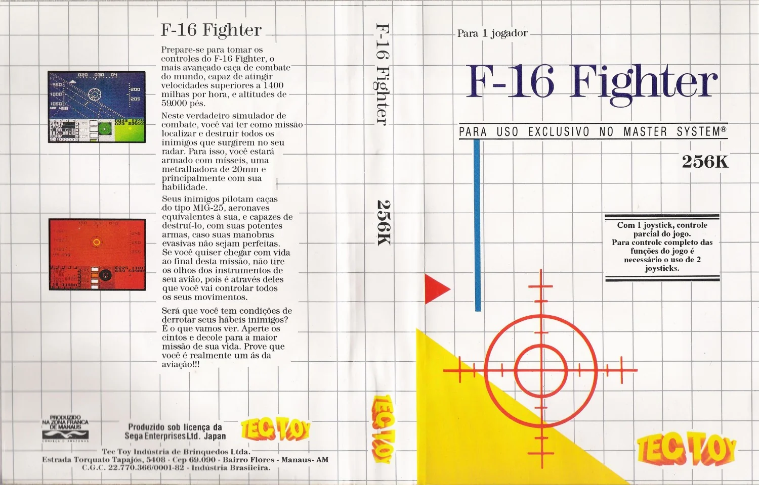 Coberta brasilera desplegada de F-16 Fighter, amb retícula, text portuguès i logotips de Tec Toy.