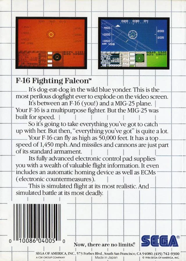 Contraportada nord-americana de F-16 Fighting Falcon per a Sega Master System, amb dues captures i text descriptiu.