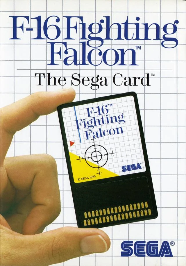 Portada nord-americana de F-16 Fighting Falcon per a Sega Master System, amb una mà sostenint la Sega Card.