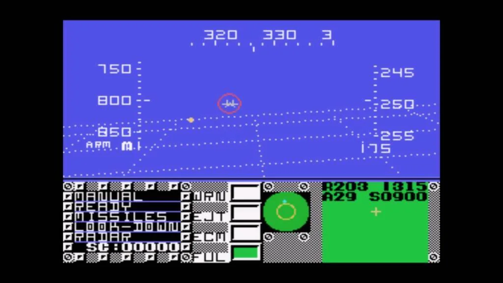 Vista de cabina de F-16 Fighting Falcon amb horitzó, escales de vol, radar, armament i puntuació.