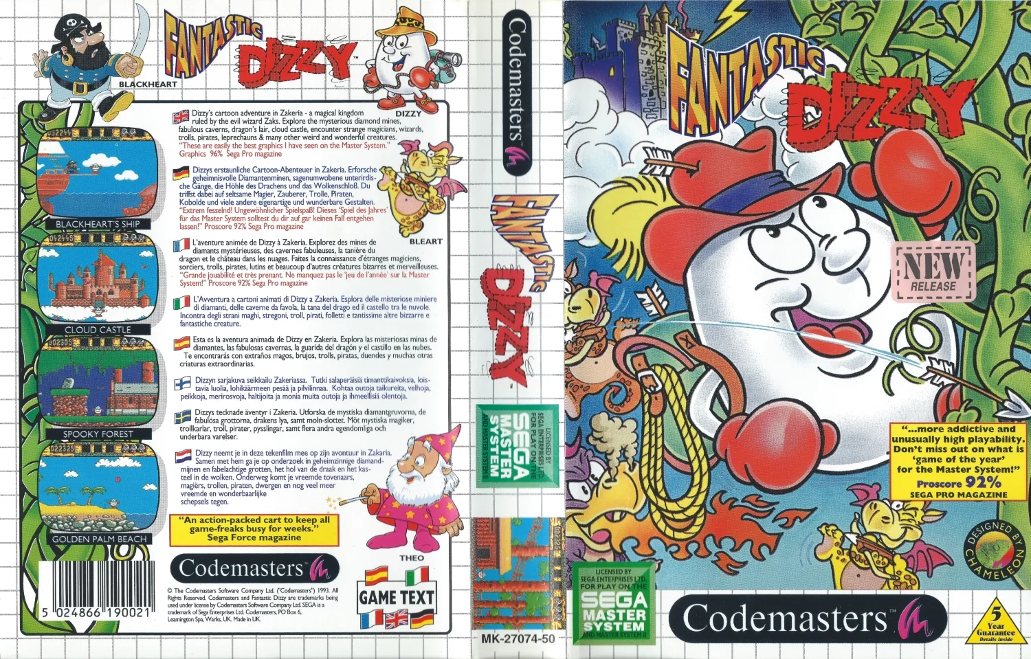 Caràtula europea desplegada de Fantastic Dizzy, amb portada, llom i contraportada multilingüe.