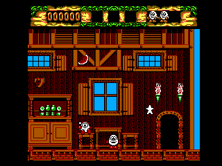 Dizzy dins una casa de fusta, davant d’un personatge, una estrella i una porta arquejada.
