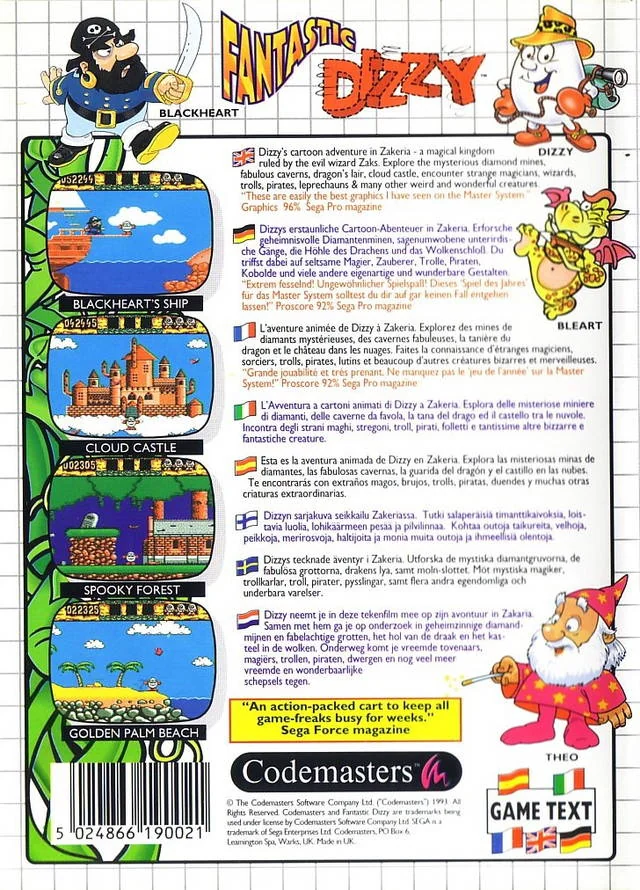 Contraportada europea de Fantastic Dizzy per a Sega Master System, amb textos multilingües i quatre captures.