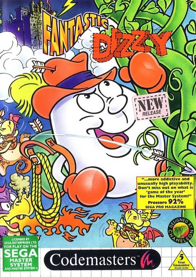 Portada frontal europea de Fantastic Dizzy per a Sega Master System, amb Dizzy entre plantes i personatges del joc.
