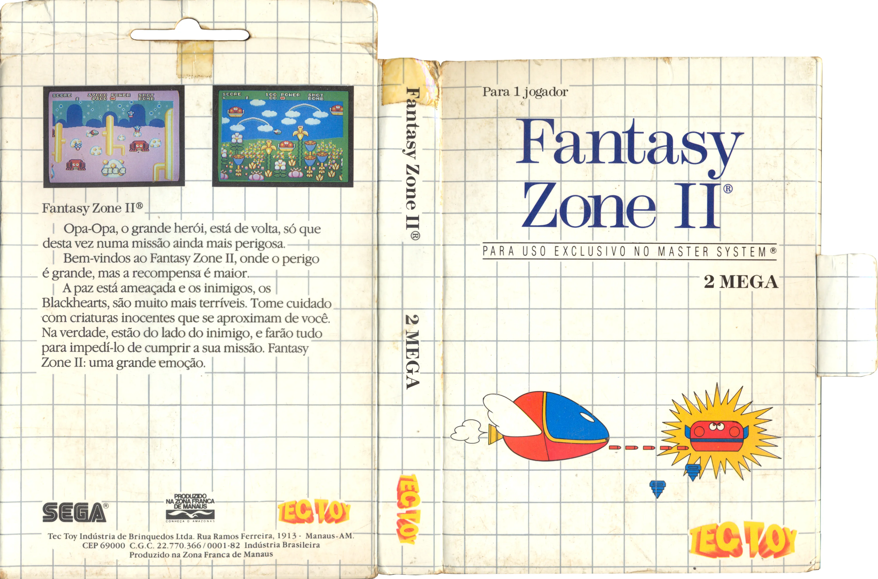 Capsa brasilera desplegada de Fantasy Zone II, amb portada, llom, contraportada, textos en portuguès i marques de Sega i Tectoy.