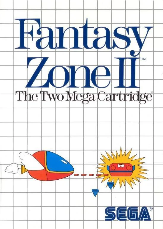 Portada nord-americana de Fantasy Zone II per a Sega Master System, amb Opa-Opa disparant sobre una quadrícula blanca.