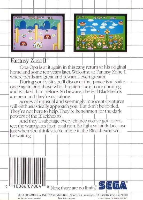 Contraportada nord-americana de Fantasy Zone II per a Sega Master System, amb dues captures i text en anglès.
