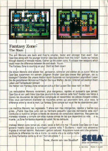 Contraportada europea de Fantasy Zone: The Maze per a Sega Master System, amb dues captures i text en cinc idiomes.