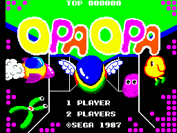 Pantalla japonesa d’オパオパ amb Opa-Opa, Upa-Upa i opcions per a un o dos jugadors.