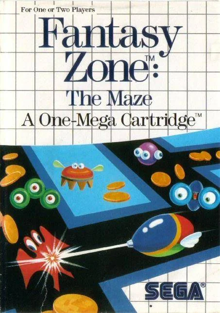Portada europea de Fantasy Zone: The Maze per a Sega Master System, amb Opa-Opa, monedes i enemics sobre la quadrícula blanca.