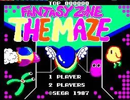 Pantalla de títol internacional de Fantasy Zone: The Maze amb les opcions per a un o dos jugadors.
