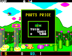 Quadre de compra del Twin Shot amb un preu de 500 sobre un paisatge de Fantasy Zone.