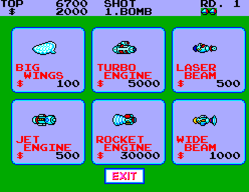 Pantalla de la botiga de peces amb millores de motor, armes i bombes, totes acompanyades pel preu.