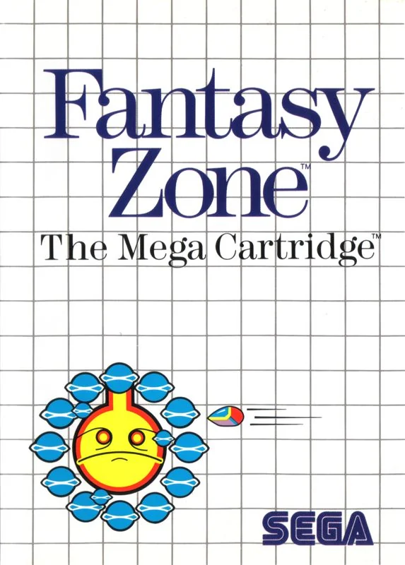 Portada europea de Fantasy Zone per a Sega Master System, amb Opa-Opa envoltat d’enemics sobre la quadrícula blanca de Sega.