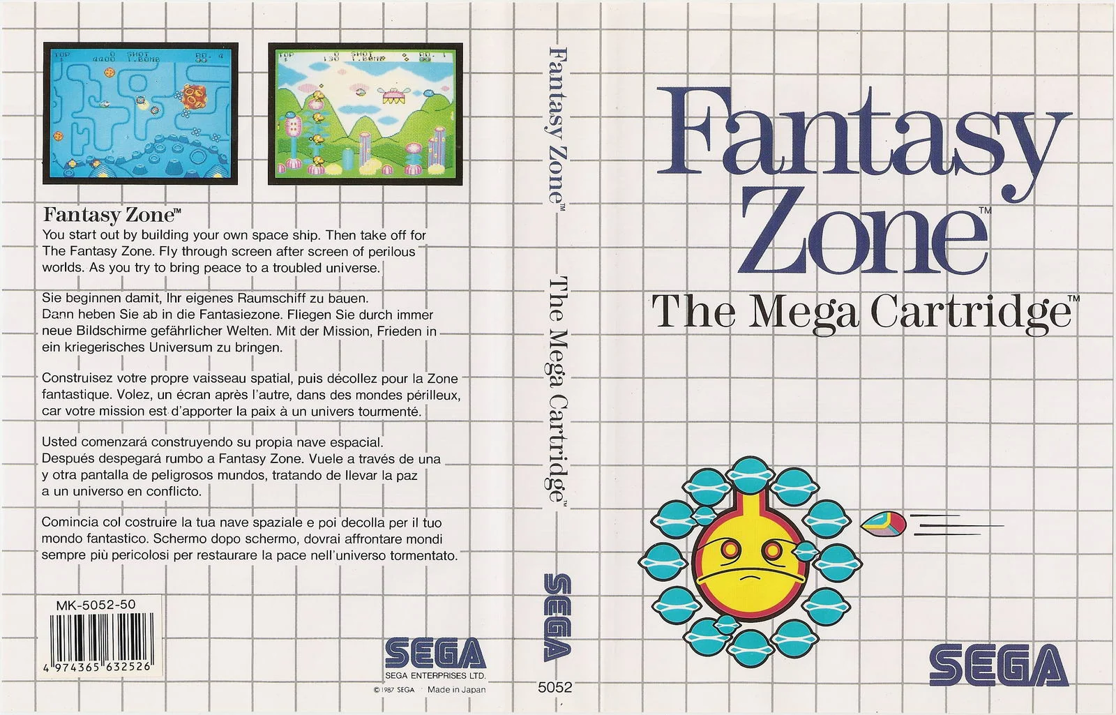 Coberta europea desplegada de Fantasy Zone amb portada, llom, dues captures i textos en cinc idiomes.