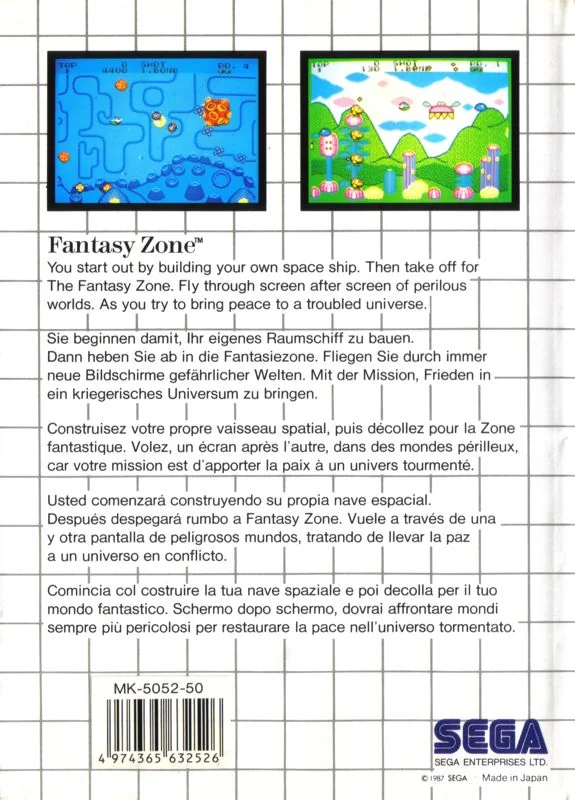 Contraportada europea de Fantasy Zone per a Sega Master System, amb dues captures i text en cinc idiomes.