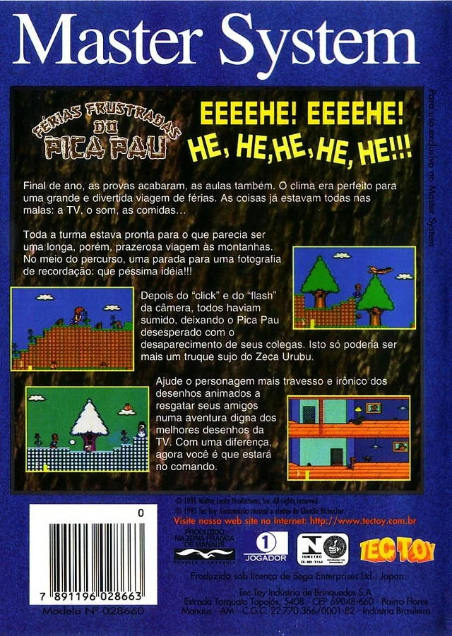 Contracoberta brasilera de Férias Frustradas do Pica-Pau per a Master System, amb text en portuguès i quatre captures.