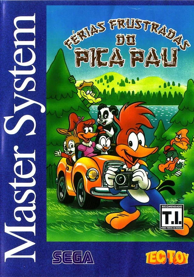 Coberta frontal brasilera de Férias Frustradas do Pica-Pau per a Master System, amb Pica-Pau davant d’un cotxe ple de personatges.