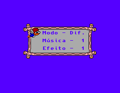 Menú blau d’opcions de Férias Frustradas do Pica-Pau, amb ajustos de mode, música i efectes.