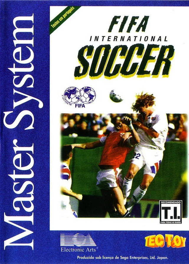 Portada frontal brasilera de FIFA International Soccer per a Sega Master System, amb una fotografia d’un partit i els logotips de FIFA, Electronic Arts i Tec Toy.