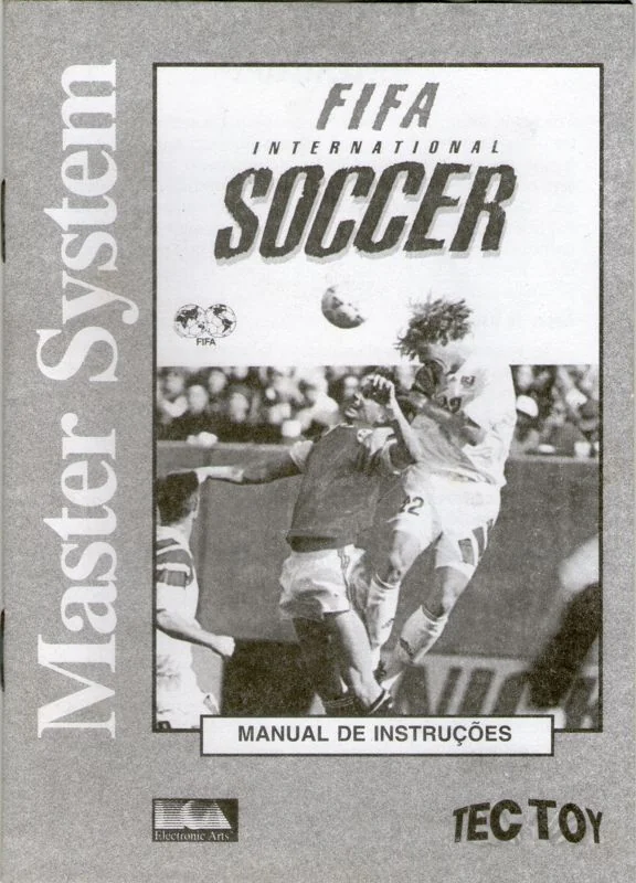 Portada en blanc i negre del manual brasiler de FIFA International Soccer per a Master System, amb dos futbolistes.