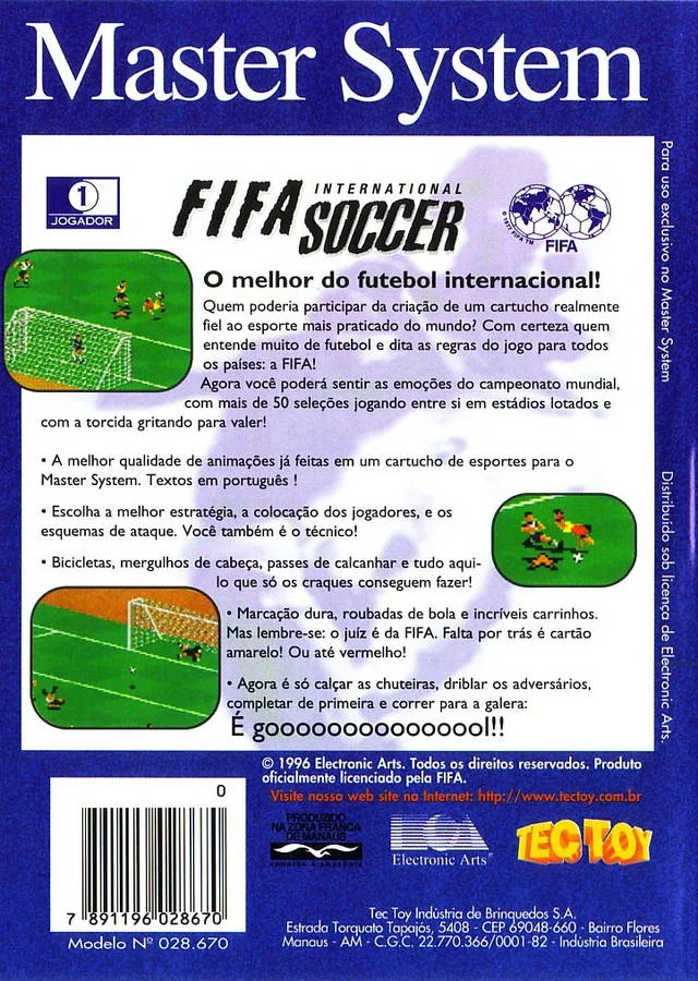 Contraportada brasilera de FIFA International Soccer per a Sega Master System, amb text en portuguès i tres captures del joc.