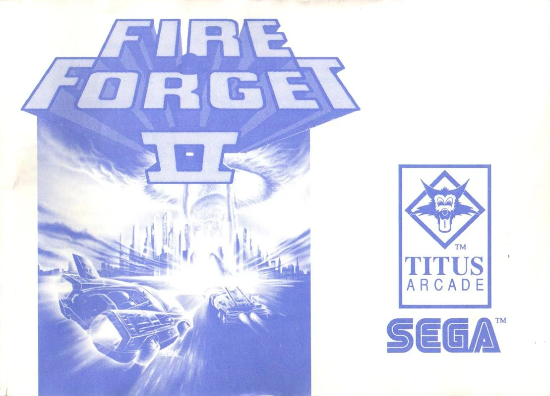 Portada blava del manual de Fire & Forget II, amb dos vehicles futuristes i els logotips de Titus Arcade i Sega.
