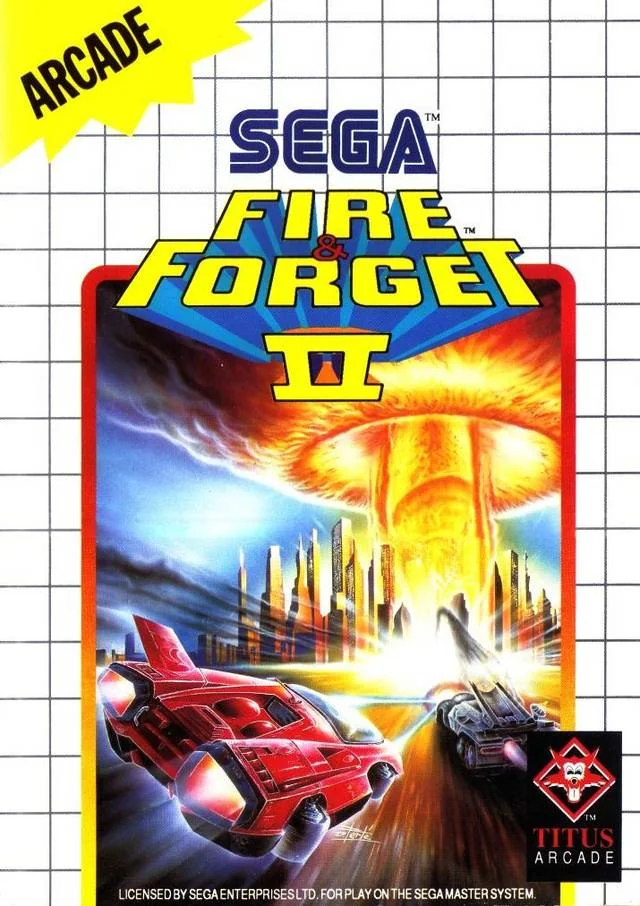 Portada europea de Fire & Forget II per a Sega Master System, amb dos vehicles futuristes davant d'una explosió.