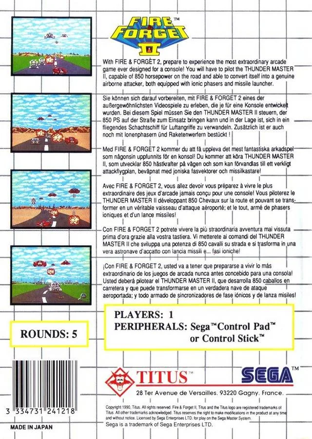 Contraportada europea de Fire & Forget II per a Sega Master System, amb quatre captures i textos en diversos idiomes.