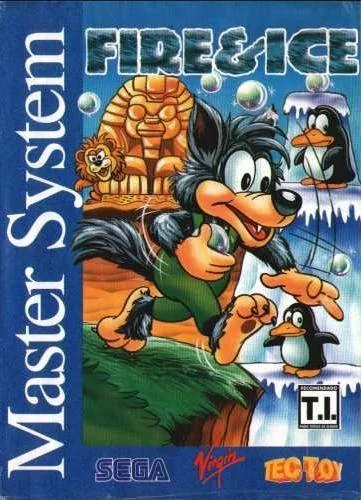 Portada brasilera de Fire & Ice per a Master System, amb Cool Coyote corrent entre paisatges de foc i gel.