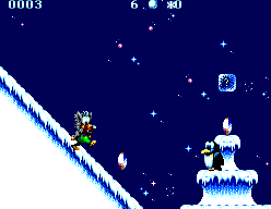 Wolf baixant per un pendent nevat sota un cel estrellat a la primera fase de Fire & Ice.