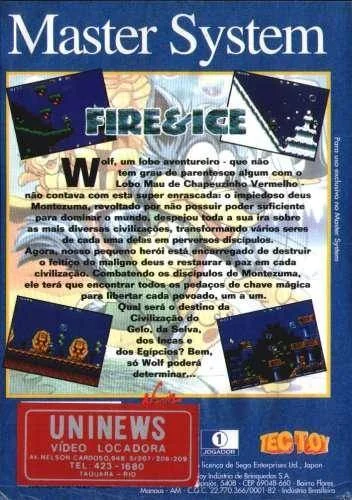 Contraportada brasilera de Fire & Ice per a Master System, escrita en portuguès i il·lustrada amb tres captures del joc.