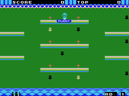 Primera ronda del Flicky de SG-1000, amb Flicky, ocells, enemics i plataformes verdes.