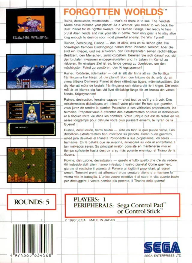 Contracoberta europea de Forgotten Worlds per a Sega Master System, amb textos multilingües i tres captures del joc.