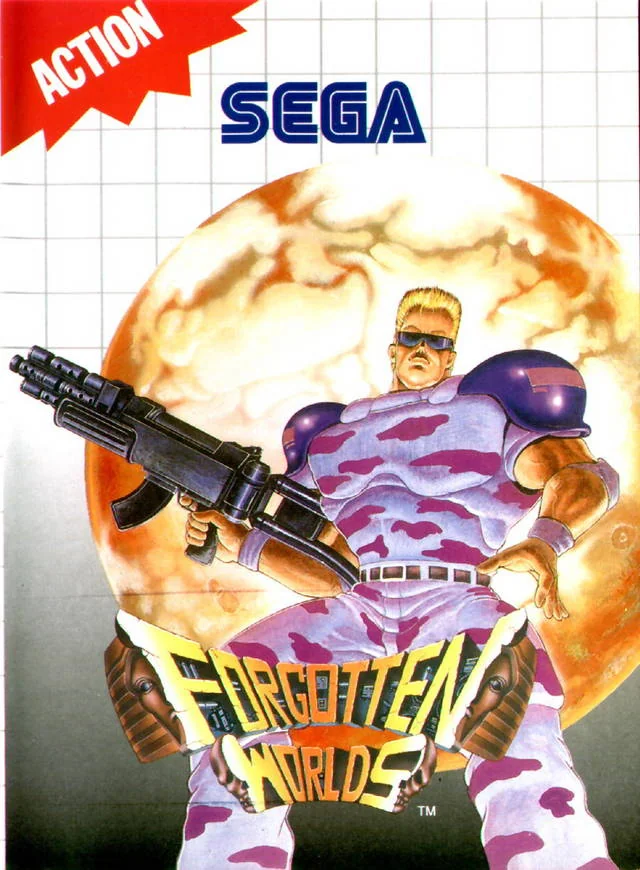 Portada europea de Forgotten Worlds per a Sega Master System, amb un guerrer armat davant d’un planeta.