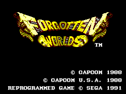 Pantalla de títol de Forgotten Worlds amb els crèdits de Capcom i la reprogramació de 1991.