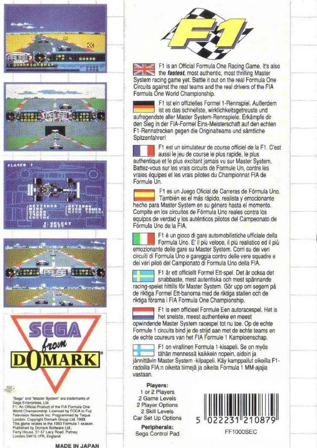 Contraportada europea de F1 per a Sega Master System, amb quatre captures, textos multilingües i les dades de l’edició.