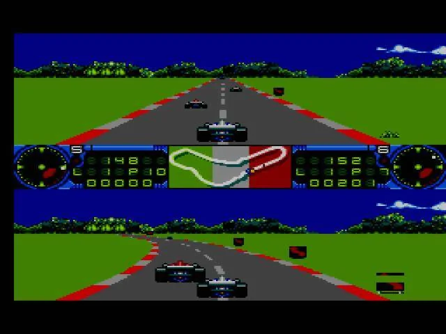 Cursa simultània per a dos jugadors, dividida horitzontalment en dues vistes del circuit.
