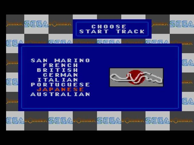 Menú de selecció amb els vuit circuits disponibles a F1 per a Master System.